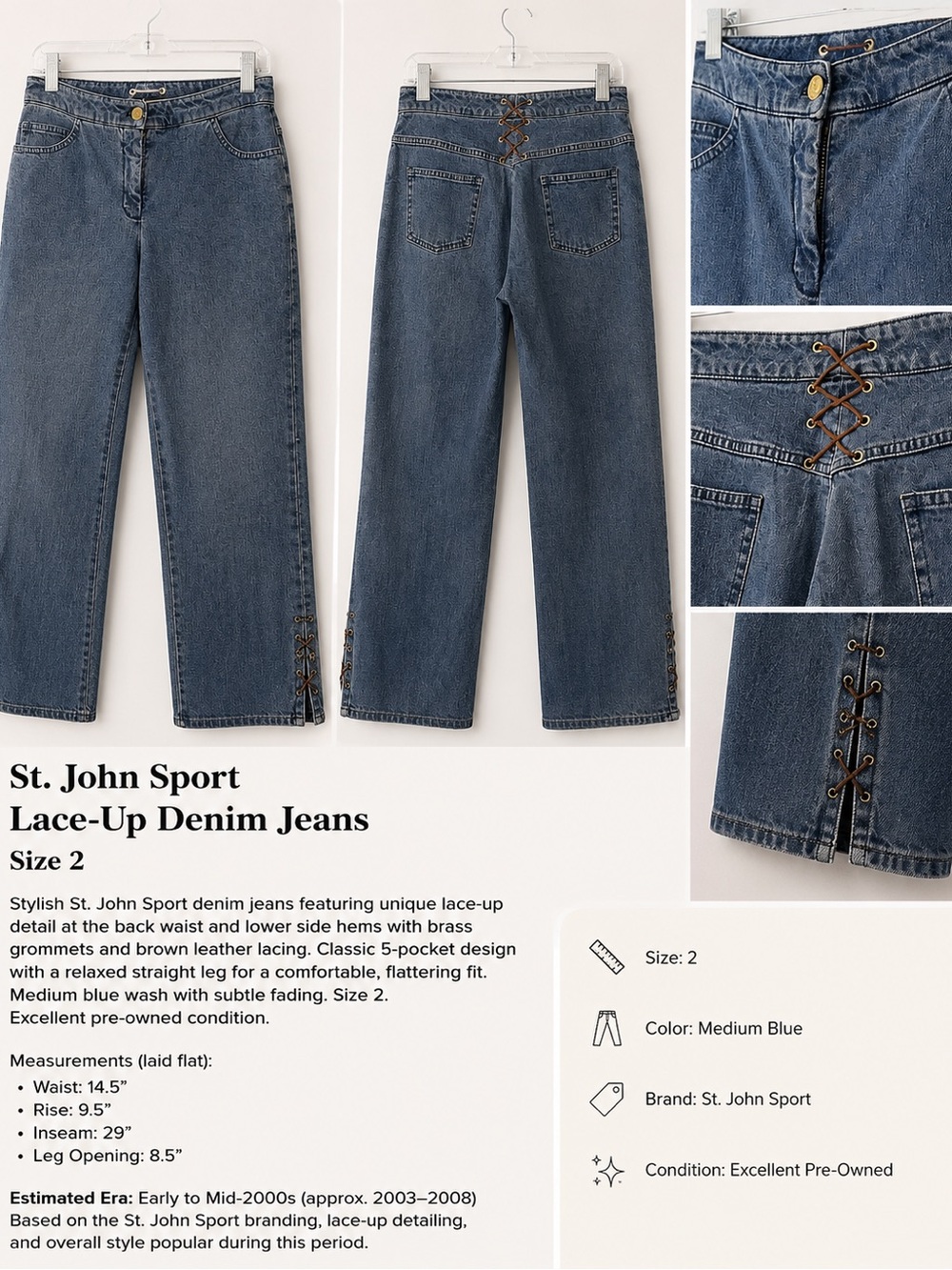 St. John Medium Blue Straight-Leg Jeans with Lace-Up Details